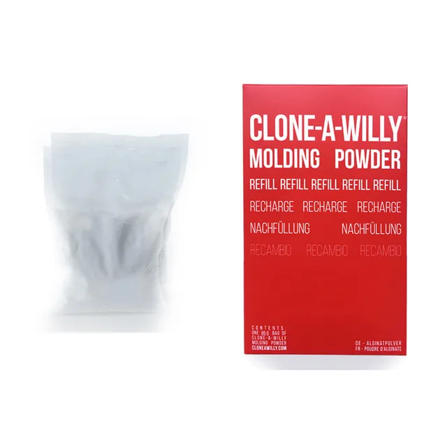 Clone-A-Willy Molding Powder Refill white powder pouch beside red refill card