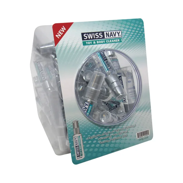 Swiss Navy 50-piece fishbowl display of clear 1 oz cleaner bottles