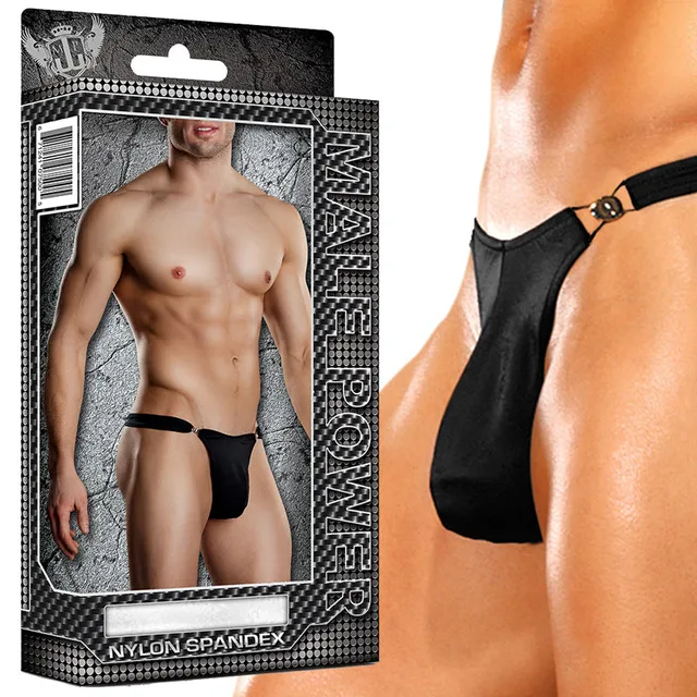 Male Power package and model view of black Bong Clip thong underwear in S/M