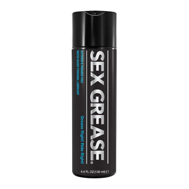 SexGrease clear 4.4 oz water-based lubricant tall black pump bottle with blue label