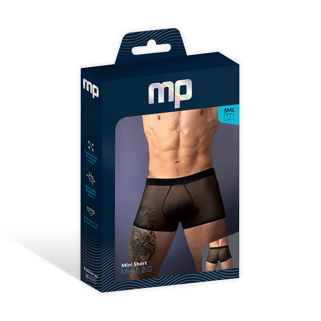 Male Power Mesh 2.0 Mini Short in black size XL displayed in a navy window retail box