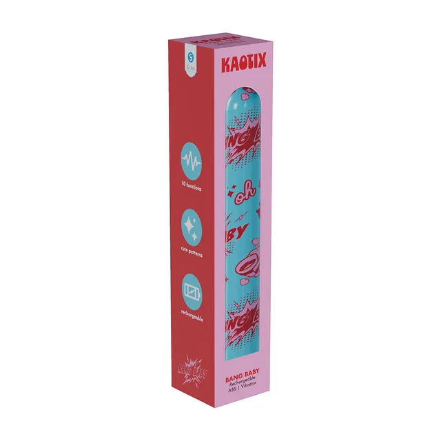 Kaotix Bang Baby illustrated vibrator carton in blue and red