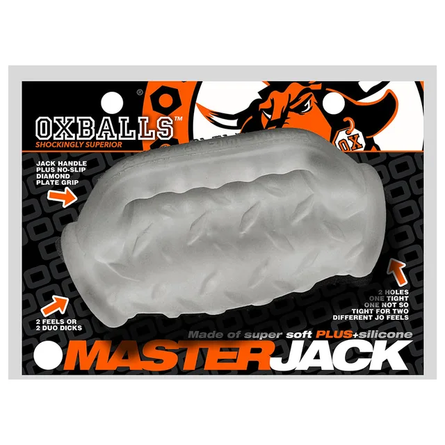 clear OxBalls Masterjack dual-opening textured stroker on black retail card