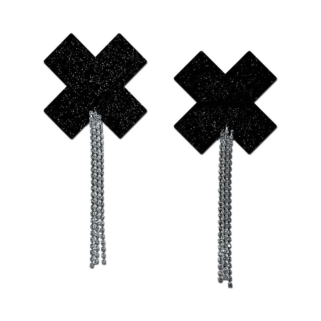Pastease black sparkle plus and X pasties with long rhinestone tassels