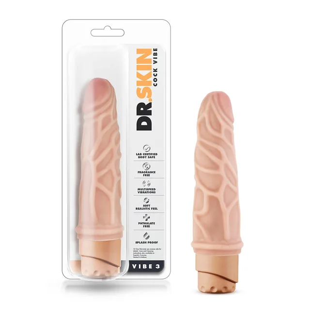 Dr. Skin Cock Vibe 3 beige vibrator beside retail package