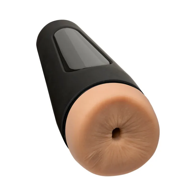 Doc Johnson Main Squeeze Stud vanilla stroker angled opening view in black tapered case