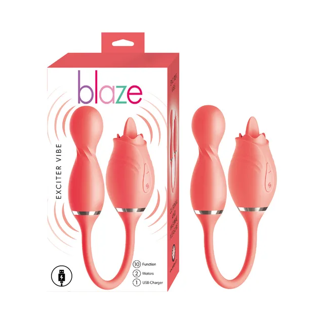 coral Blaze Exciter dual-arm vibrator beside matching white retail box