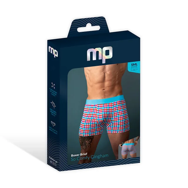 Male Power So Cumfy turquoise gingham boxer brief size XL in a navy window retail box
