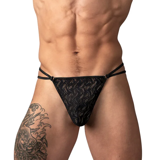 Male Power Ripple Micro V-String in black size S/M worn from the front to show the ripple-pattern pouch
