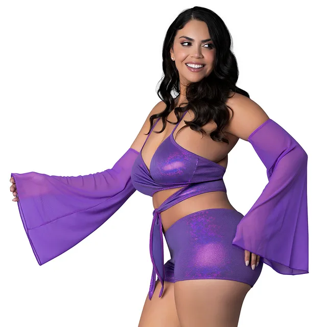 Glimmer Queen purple bralette and shorts set three-quarter front view worn by model