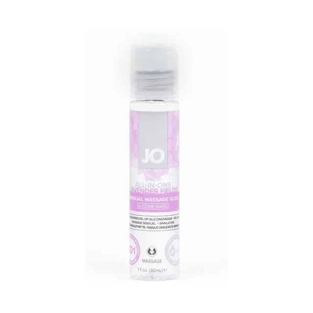 Slim 1 oz JO All-In-One Lavender bottle with silver cap