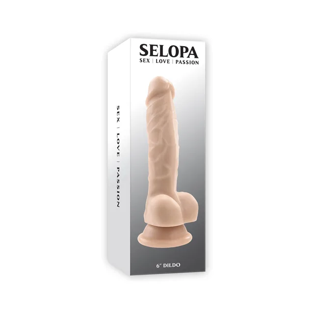 beige Selopa non-vibrating dildo pictured in white box