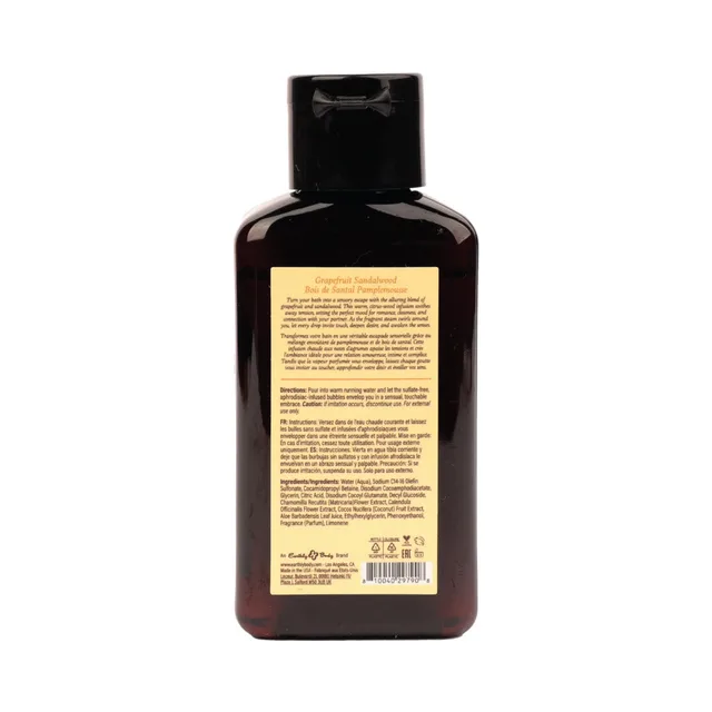 Back label of 2 oz grapefruit sandalwood bubble bath bottle