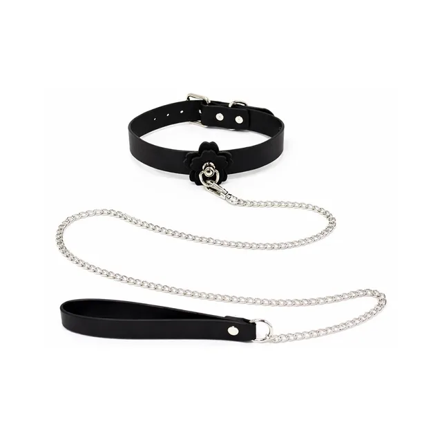 Pink Elephant Heat Tease flower collar black collar and separate wrist strap connected by a long chain