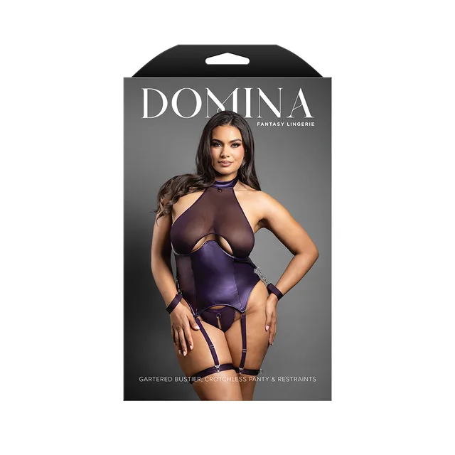 Domina package showing deep purple gartered bustier and detachable restraints in Queen size