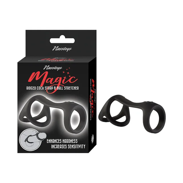 Black Nasstoys Magic ridged cock strap and ball stretcher beside box