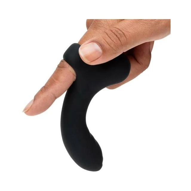 Black Fifty Shades Sensation vibrator fitted over one finger