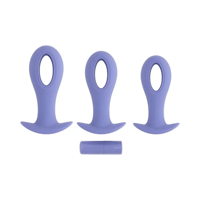 Evolved Hole Punch purple vibrating plug set three front views with rechargeable bullet