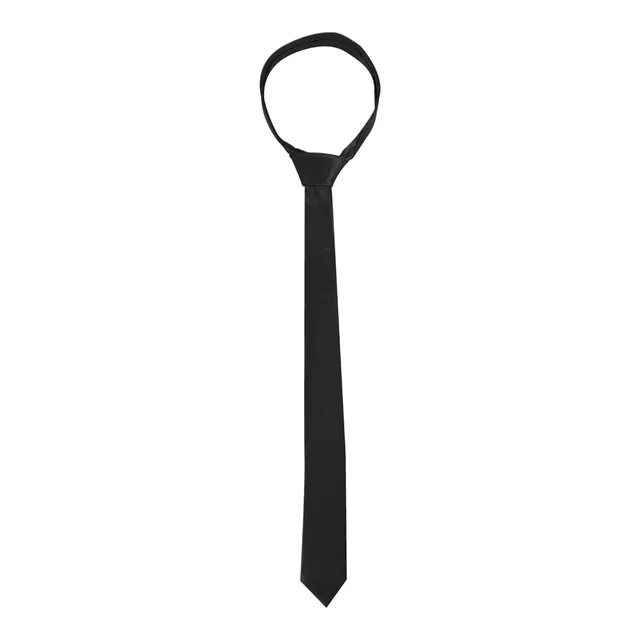 Full front view of black satin tie with neck loop
