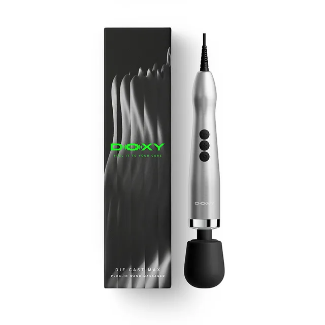 Doxy Die Cast Max plug-in silver wand beside black retail box