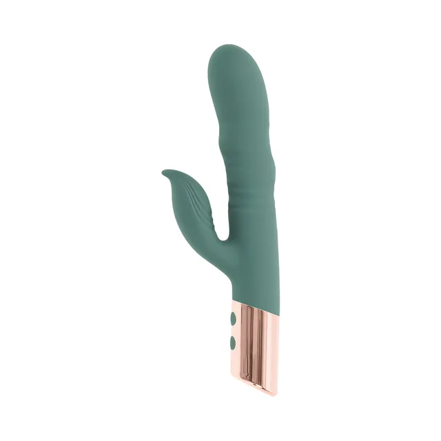 Front-left view of mint-green dual-arm vibrator with rose-gold base