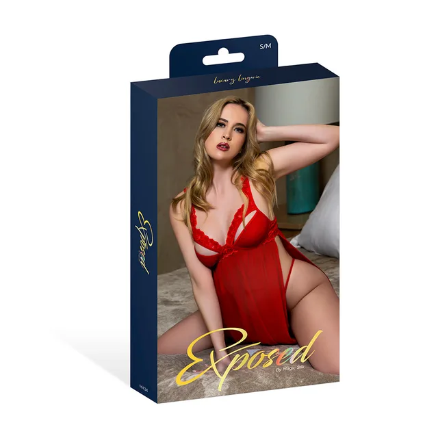 Magic Silk Rush red babydoll set L/XL displayed in purple retail packaging
