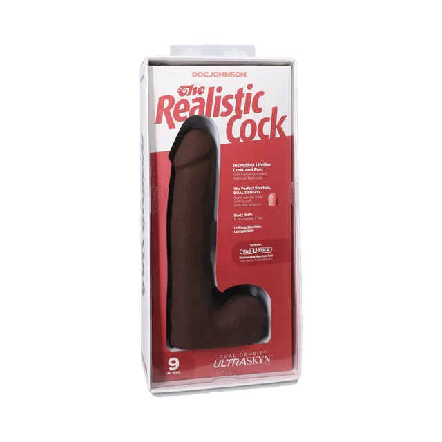 9-inch chocolate Realistic Cock ULTRASKYN dildo with balls in red window case