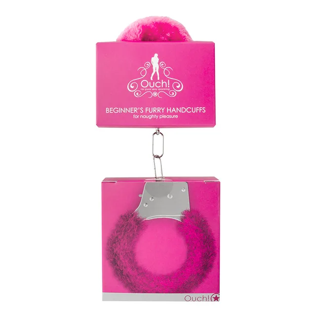 Pink Ouch Beginner furry metal handcuffs in clear-front retail package
