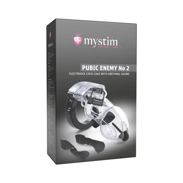 Mystim Pubic Enemy No. 2 clear cage with silver-tone rings on black retail box