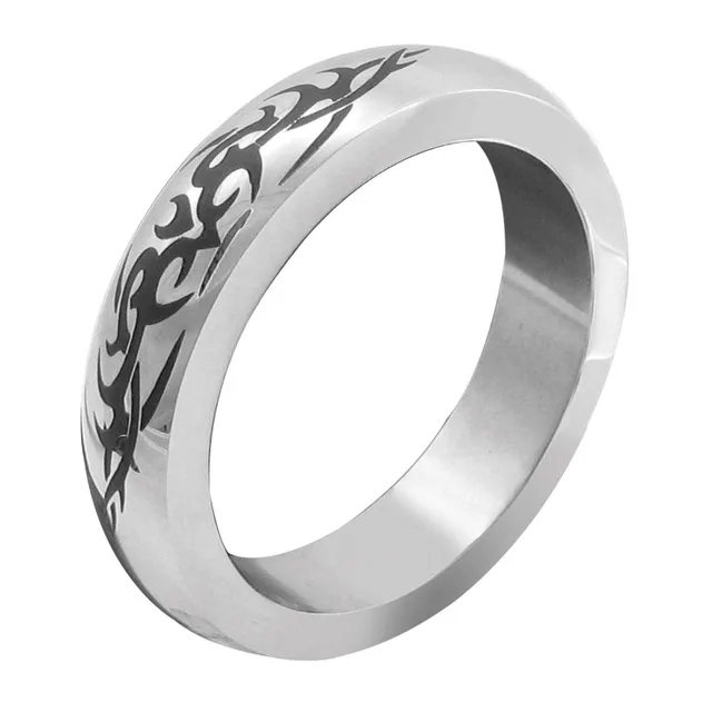 silver 2-inch steel band with black tribal pattern around outer edge