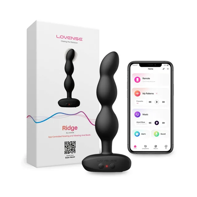 black Lovense Ridge three-bead vibrator beside white box and Lovense Remote app screen