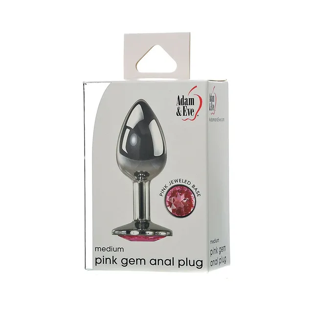 Adam & Eve Pink Gem Medium metal anal plug shown inside white retail box