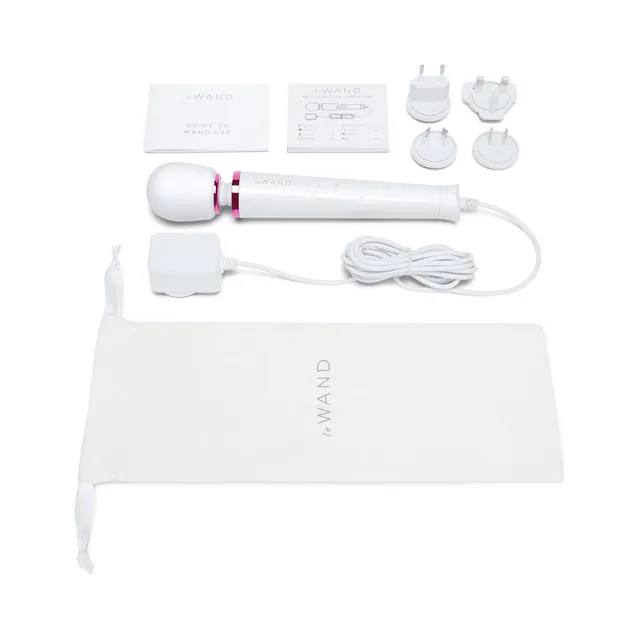 white Le Wand Powerful Petite with attachments cable cards and pouch
