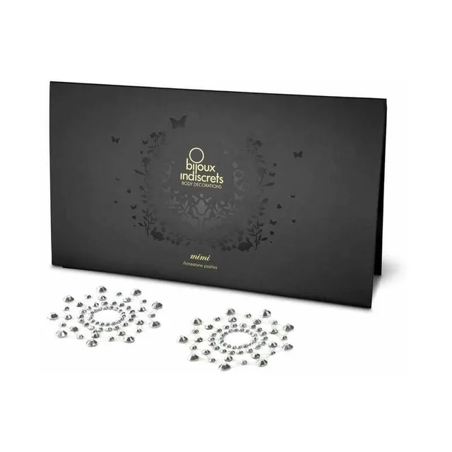 pair of clear Mimi circle pasties with concentric rhinestones and black presentation envelope