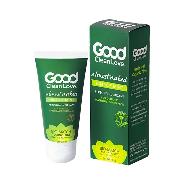 green Good Clean Love Hint of Mint 1.69 oz lubricant tube beside matching box