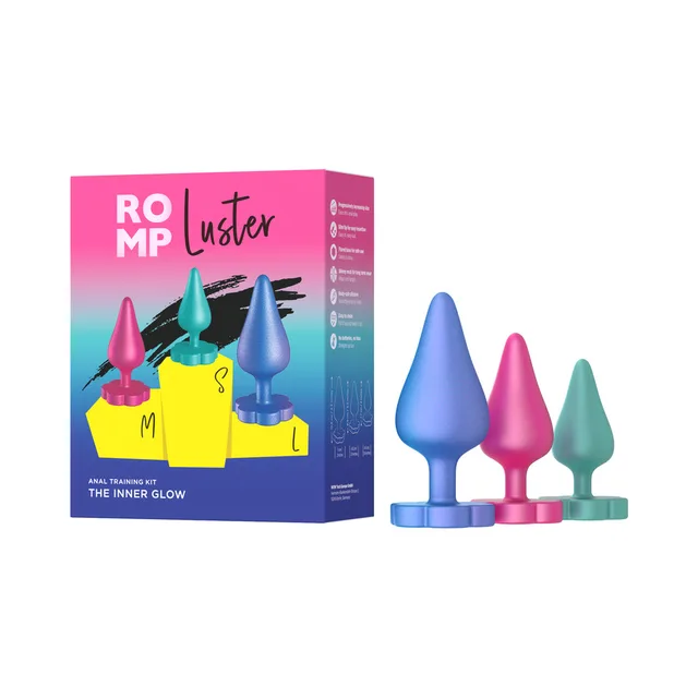 ROMP Luster box beside teal, pink and blue graduated plug set