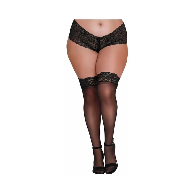 Front view of plus-size black sheer thigh highs with lace tops