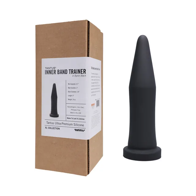 Black Tantus Inner Band Trainer dildo beside labeled brown box
