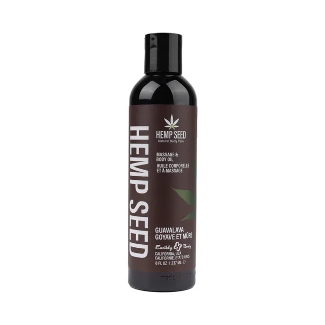 Earthly Body Guavalava Massage Oil dark eight-ounce bottle front with purple label