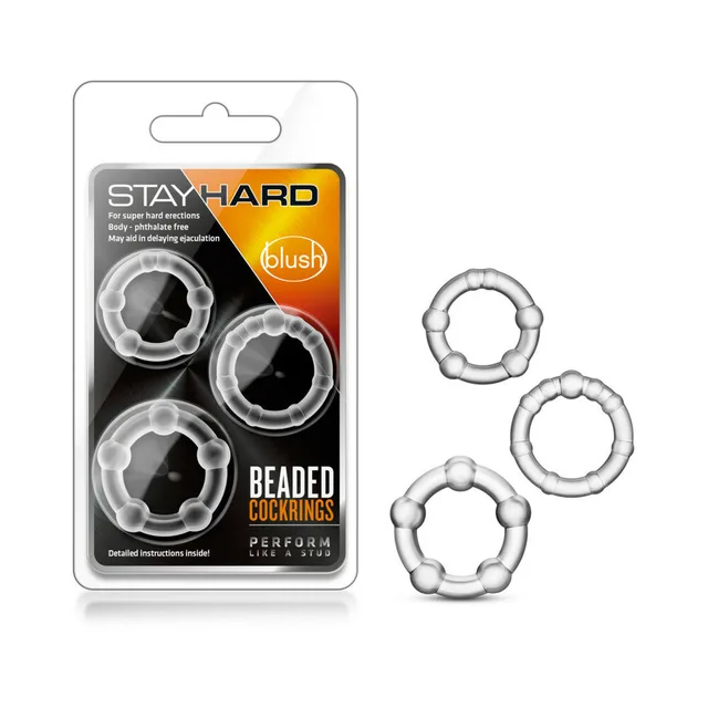 Three clear Blush Stay Hard beaded rings in transparent package