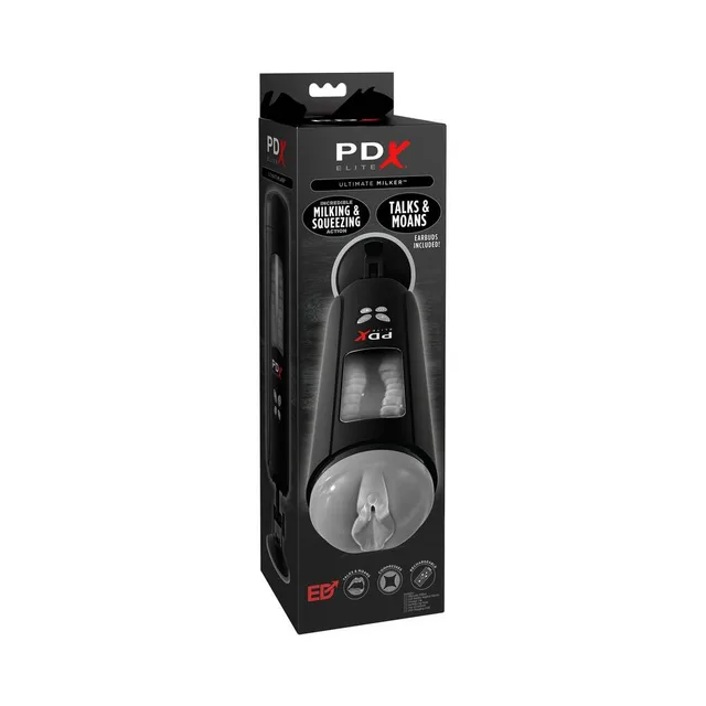 PDX Elite Ultimate Milker stroker black retail box with capsule body, clear lower sleeve and molded opening