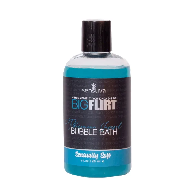 Front of 8 oz Sensually Soft blue bubble bath bottle