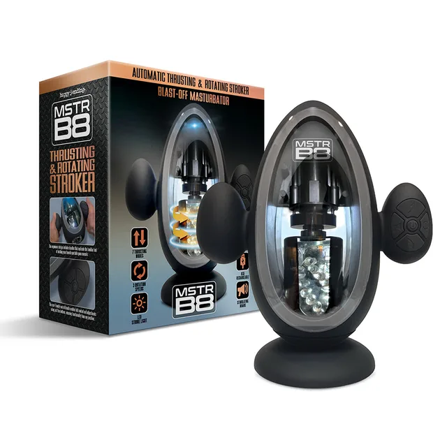 MSTR B8 Blast Off stroker with suction stand and control pod beside retail box