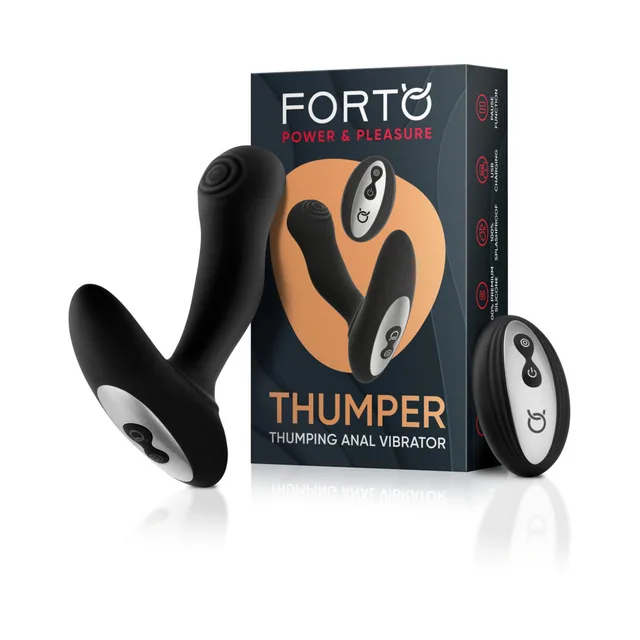 Black Forto Thumper vibrator and remote beside retail box