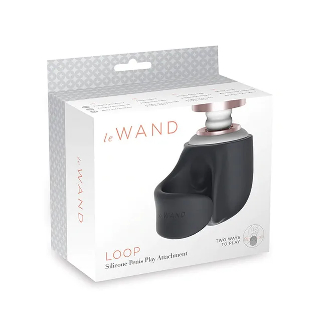 Le Wand Loop black silicone attachment white hanging box with black contoured sleeve fitted over a white wand head