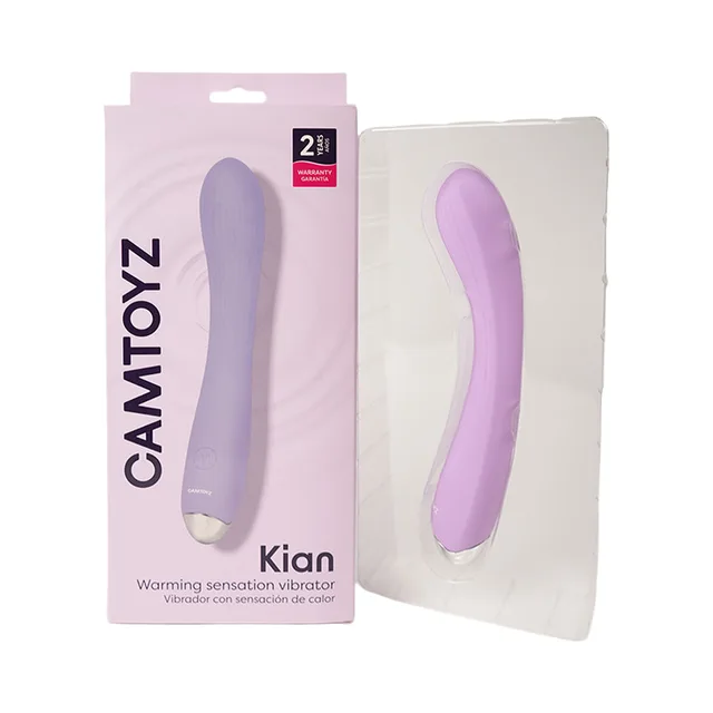 Camtoyz Kian light purple vibrator retail box opened beside clear tray