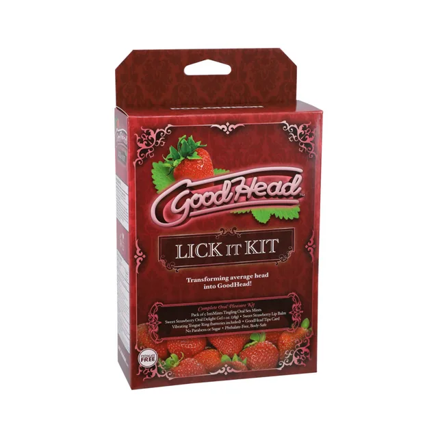 Front of red GoodHead Lick It Kit for Her retail box