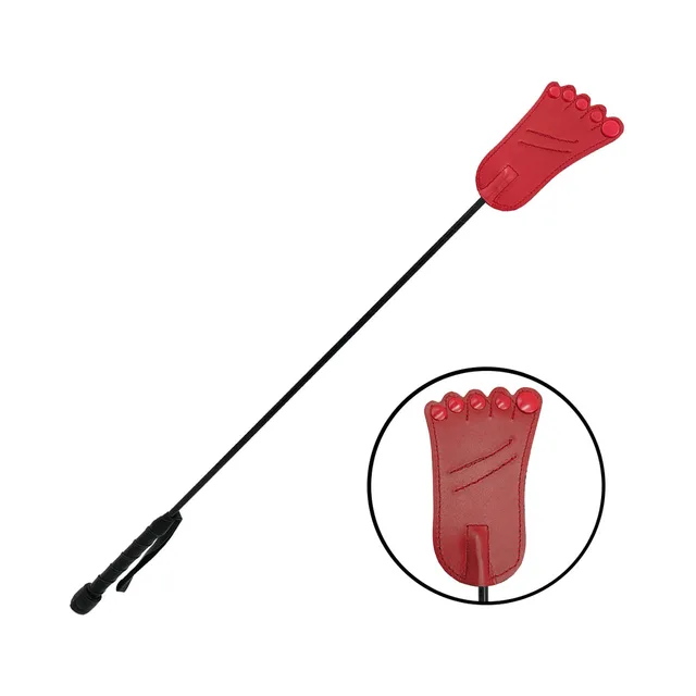 Rouge red leather foot-shaped riding crop full-length view with slim shaft and wrist loop