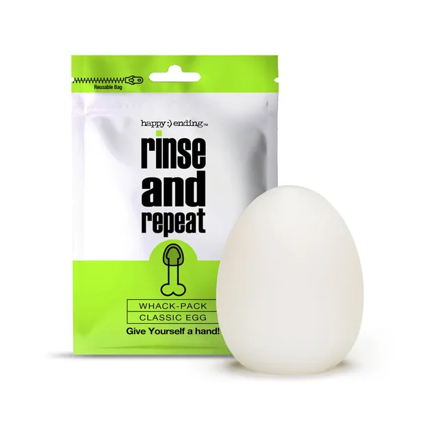 Green Egg pouch beside rounded white Rinse and Repeat sleeve