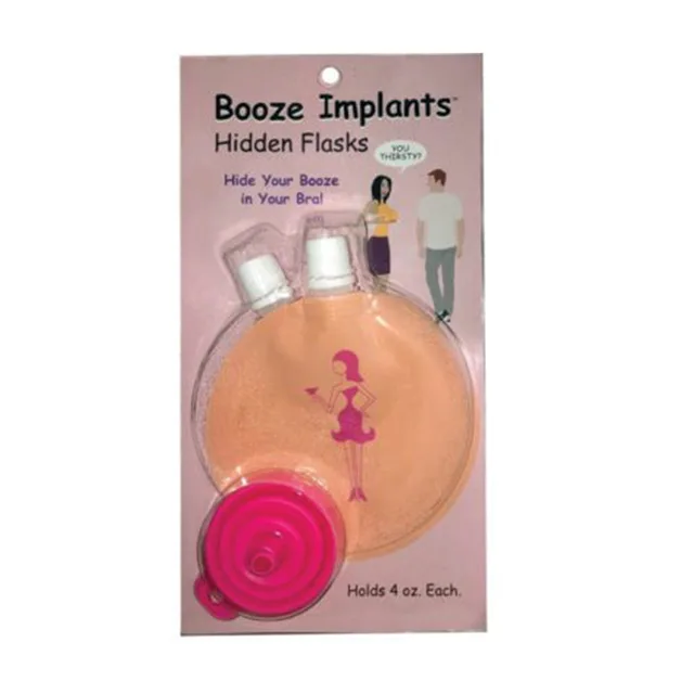 Two round Booze Implants flasks with silver caps on pink card